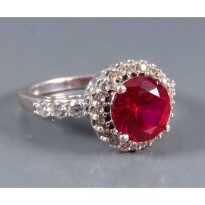STERLING SILVER Cocktail Ring LAB CREATED DARK PINK/RED RUBY Cz Halo/Sides SZ 8